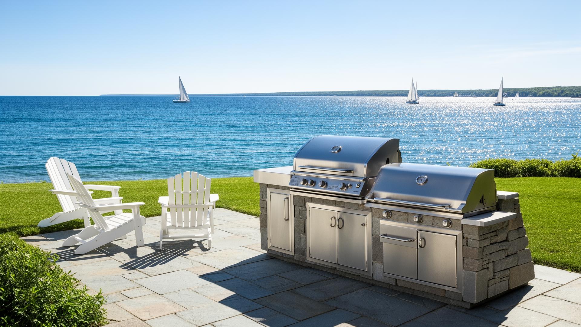 Pristine luxury outdoor grill on a sunlit Northern Michigan lakeshore patio